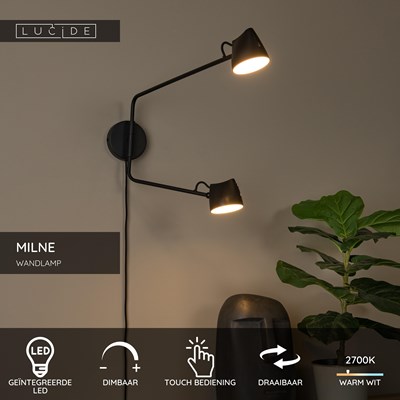 Lucide MILNE - Wandlamp - LED Dimb. - 2x8W 2700K - Zwart